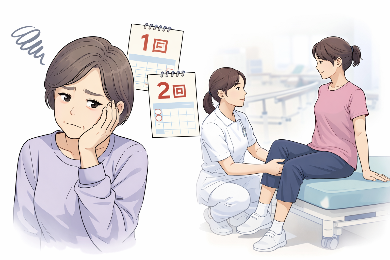 世田谷区で週1・2回のリハビリが足りないと悩む女性のイラスト