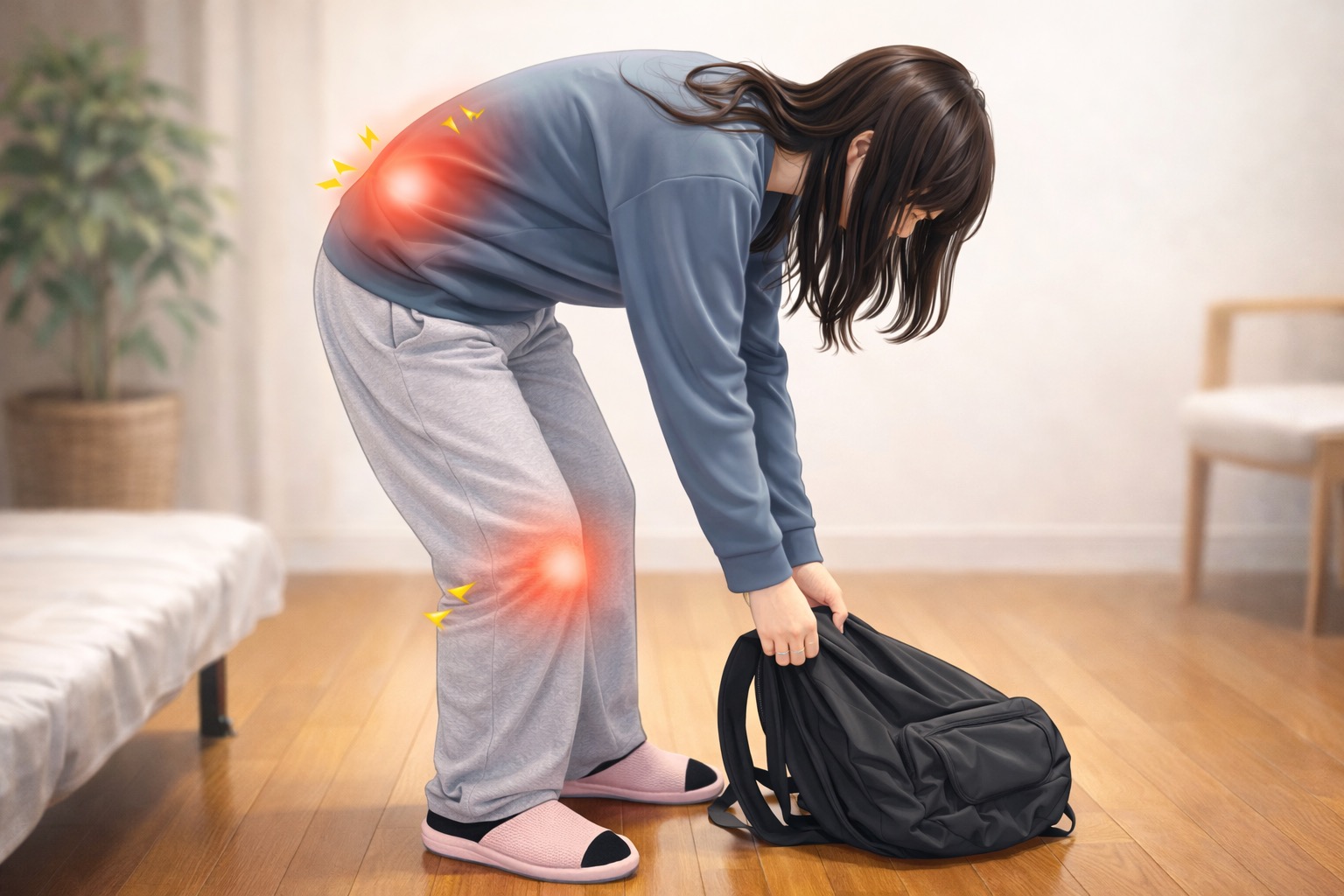 腰痛や膝痛を悪化させない床の物の拾い方（お尻を引く動作）